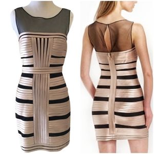 BCBGMaxazria nude/black satin/mesh bandage dress